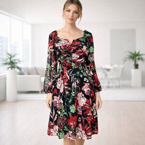 Tahari Black Metallic Gold Floral Boned Bust Pleated Sheer Sleeve Dress Cocktail